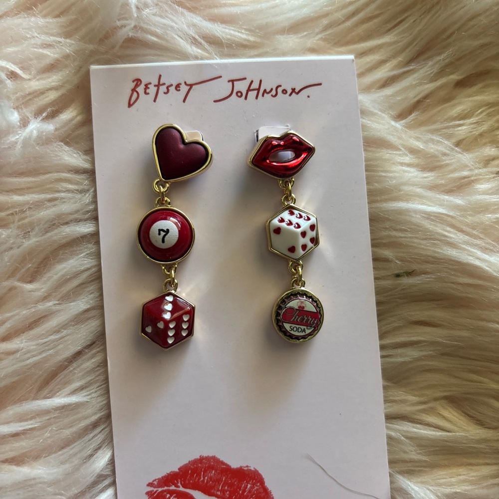 Betsey Johnson Red & White Enamel Dangle Earrings - Heart, Lip, Dice & Charm